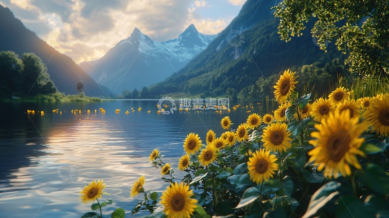 高清大图下载【趣麦麦图】向日葵湖边山峰日落