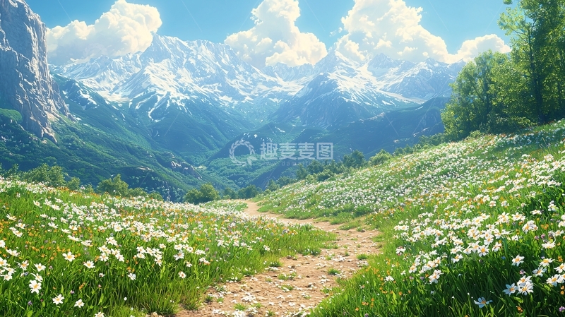 高清大图下载【趣麦麦图】山间小路花海雪山