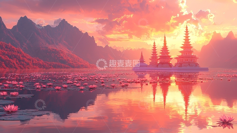 高清大图下载【趣麦麦图】日落下的梦幻山水寺庙