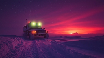 极地越野车日落雪景