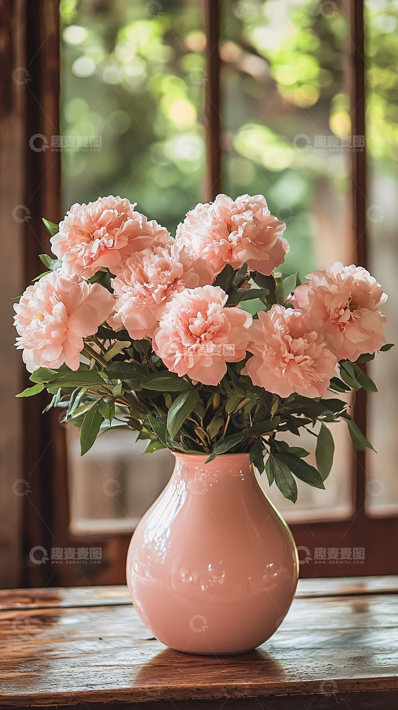 高清大图下载【趣麦麦图】粉红色牡丹花瓶插花