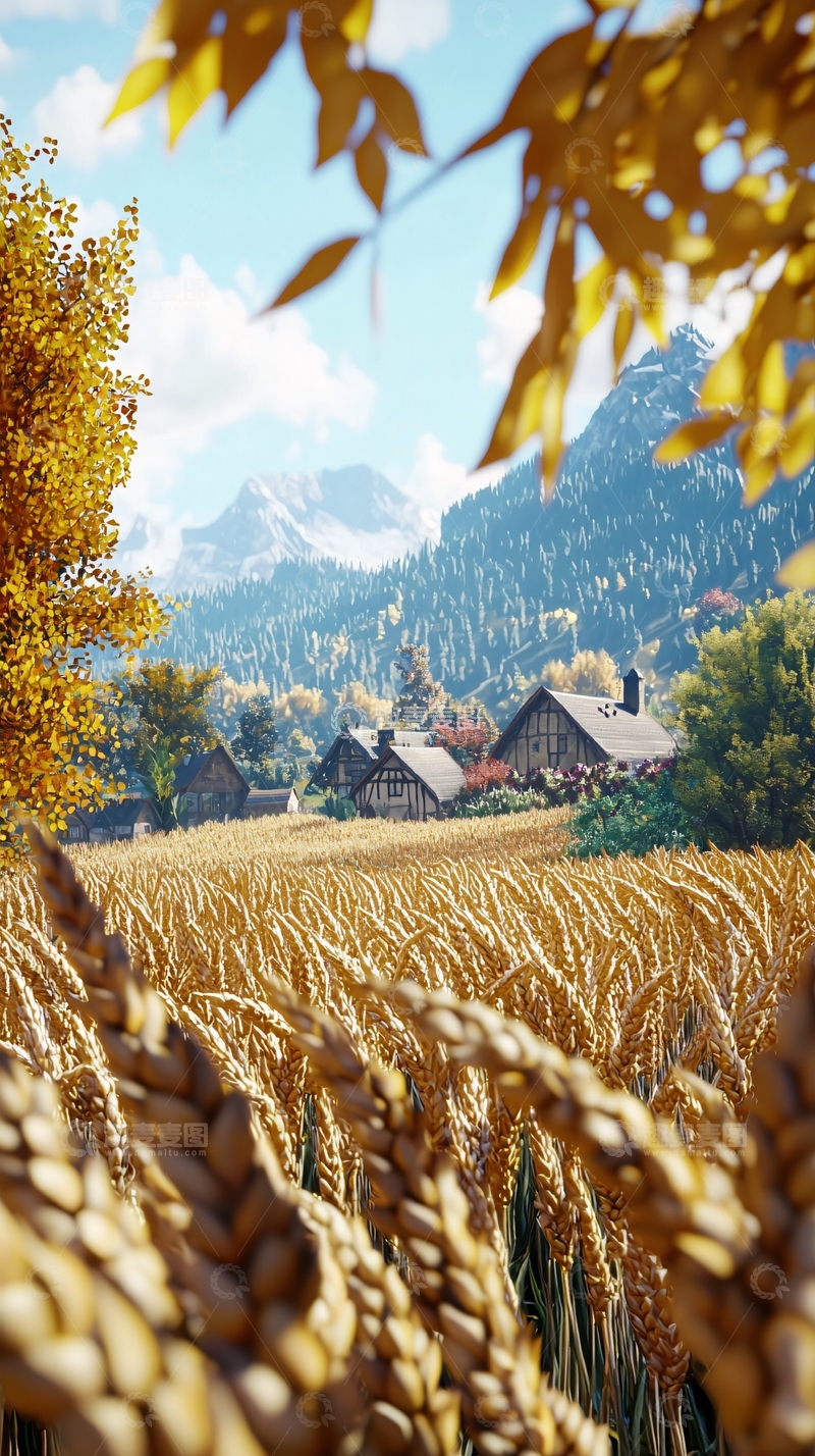 高清大图下载【趣麦麦图】秋日麦田山村风景