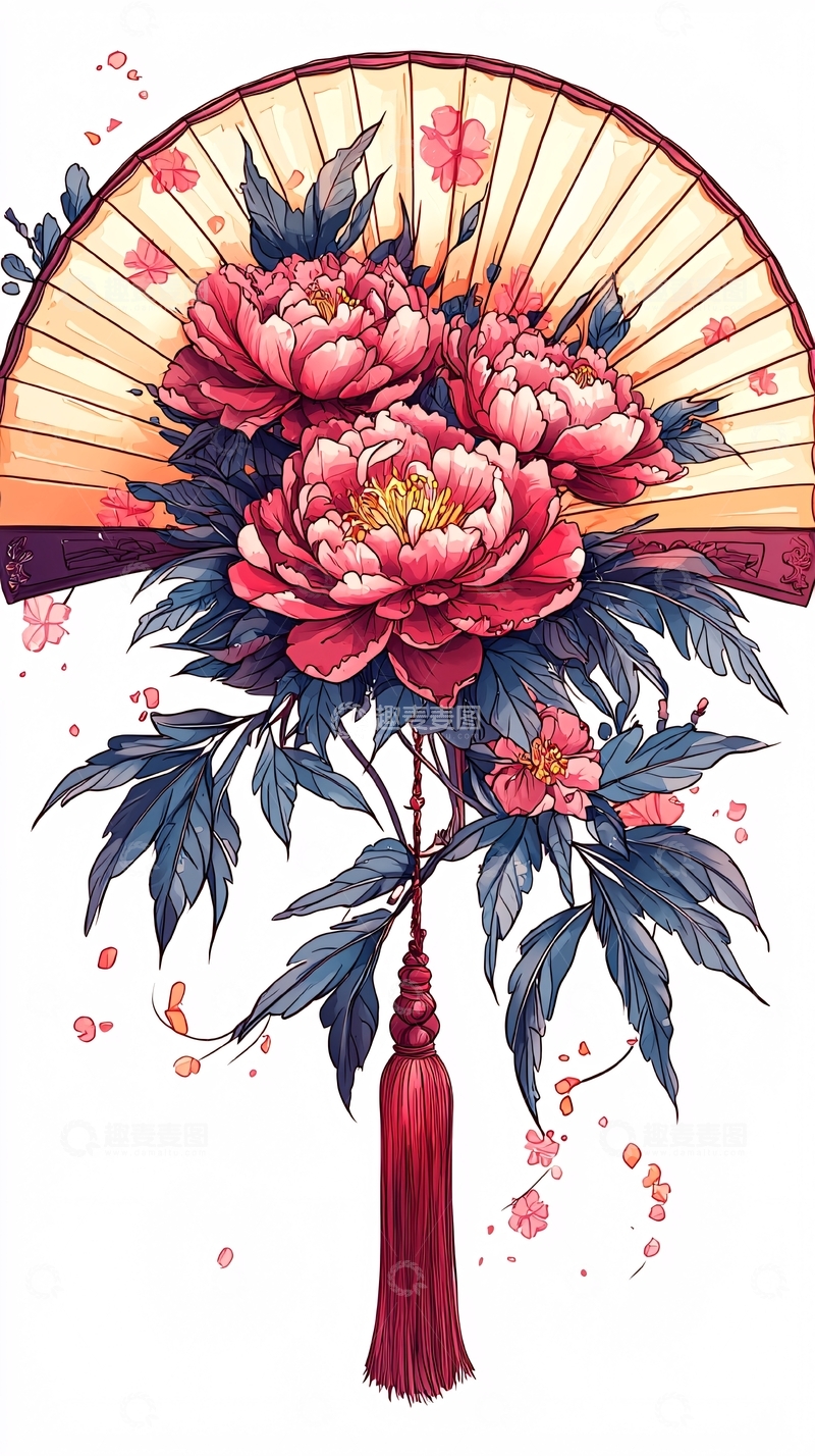 高清大图下载【趣麦麦图】国风扇面牡丹花插画