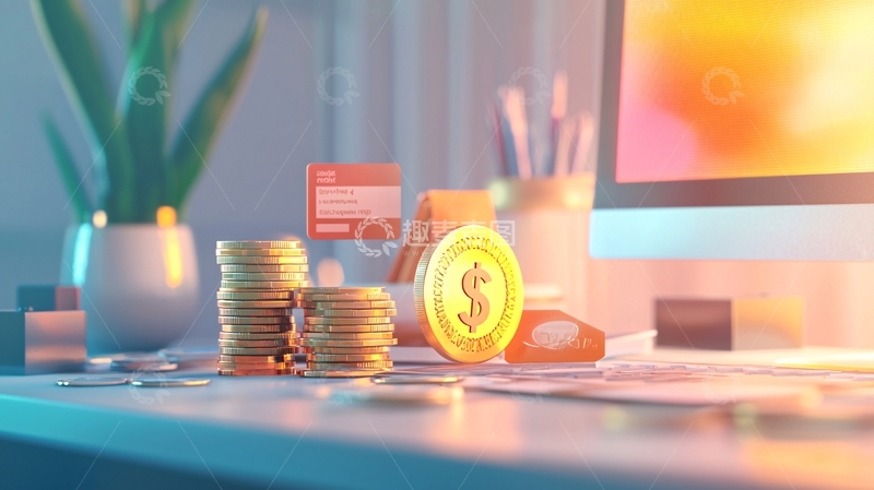高清大图下载【趣麦麦图】办公桌上的金币和信用卡