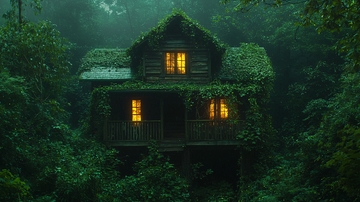 雾气森林中的神秘小屋