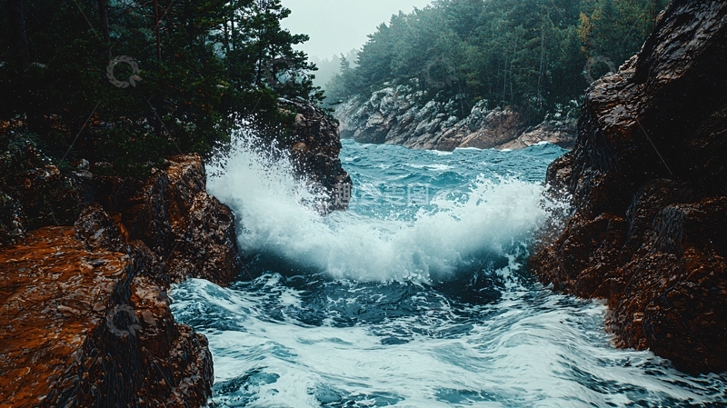 高清大图下载【趣麦麦图】暴雨中汹涌的海浪拍打岩石