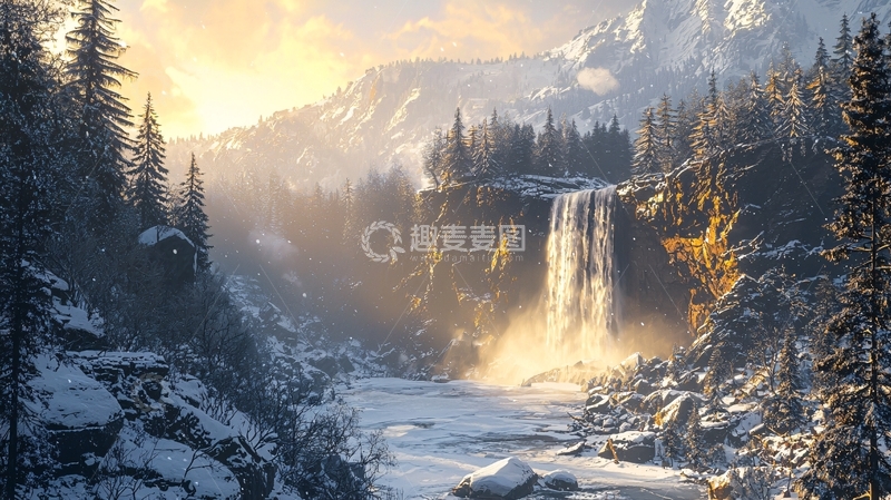 高清大图下载【趣麦麦图】冬季瀑布雪山风景