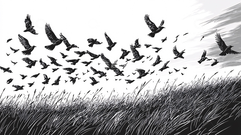 高清大图下载【趣麦麦图】黑白鸟群飞过草地