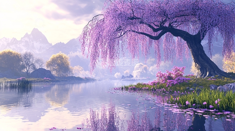 高清大图下载【趣麦麦图】梦幻紫粉色樱花树