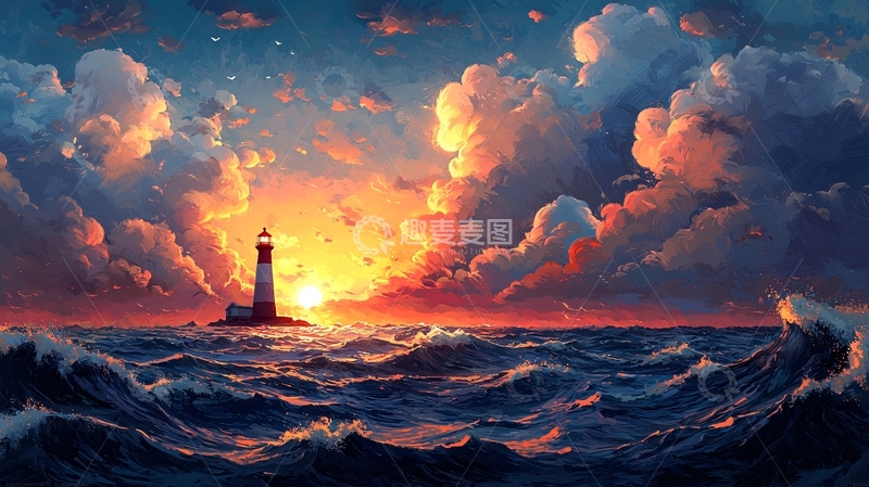 高清大图下载【趣麦麦图】日落海景灯塔