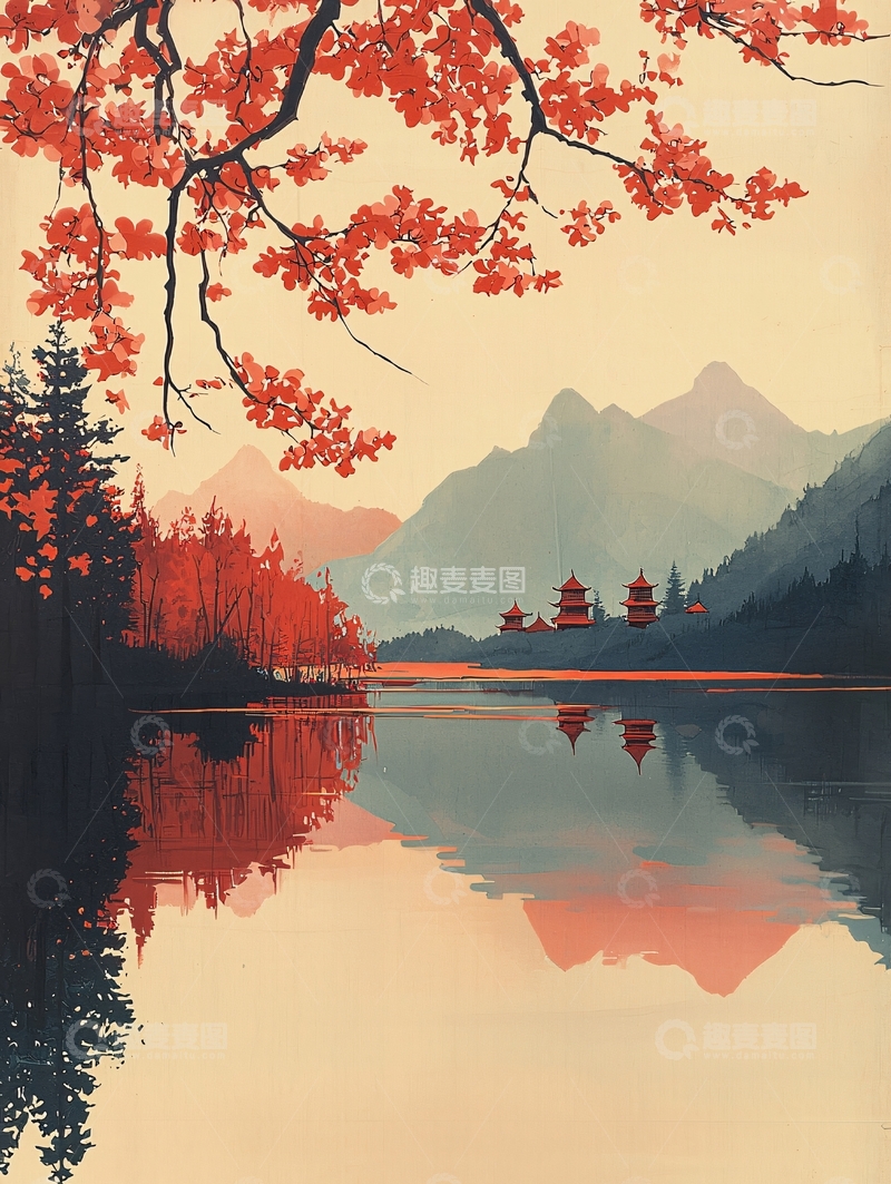 高清大图下载【趣麦麦图】红枫倒影山峦湖泊