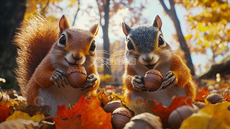 高清大图下载【趣麦麦图】秋天树林小松鼠吃核桃