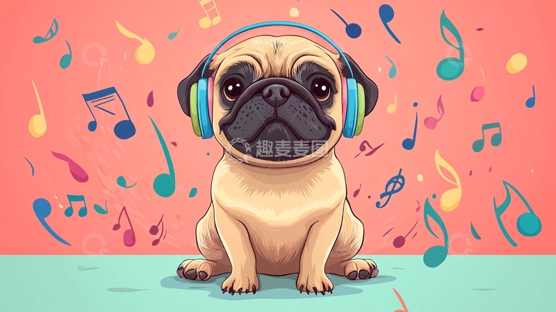 高清大图下载【趣麦麦图】戴耳机听音乐的巴哥犬