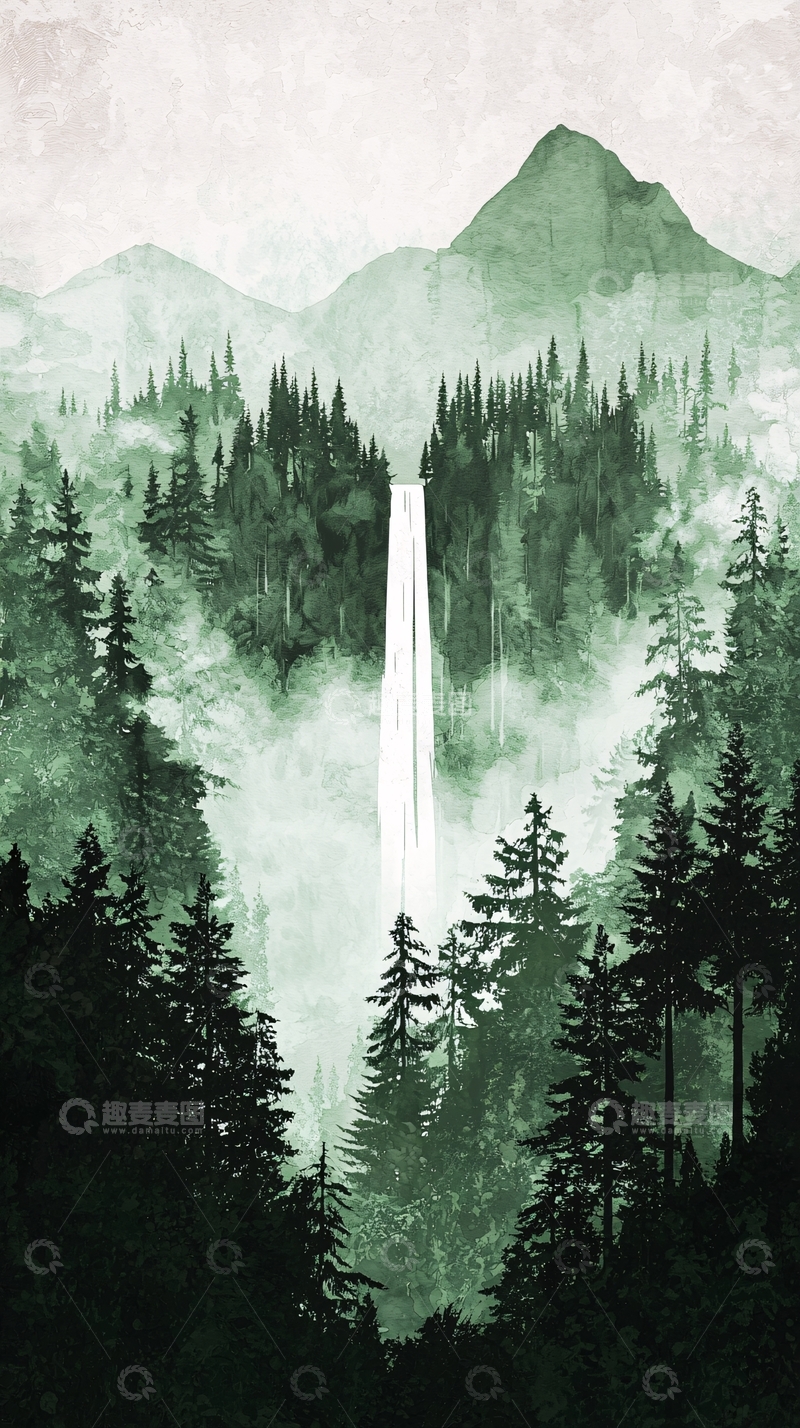高清大图下载【趣麦麦图】绿色瀑布山峰森林