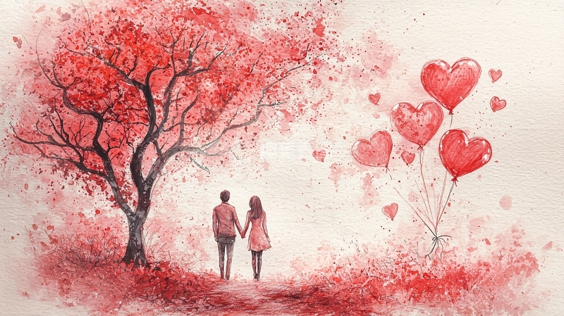 高清大图下载【趣麦麦图】粉色爱心树下情侣
