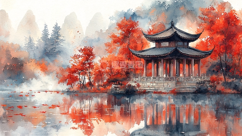 高清大图下载【趣麦麦图】湖边红色亭台水墨风景