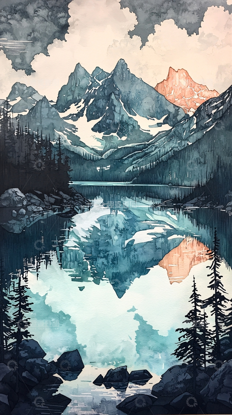 高清大图下载【趣麦麦图】山湖倒影水彩画