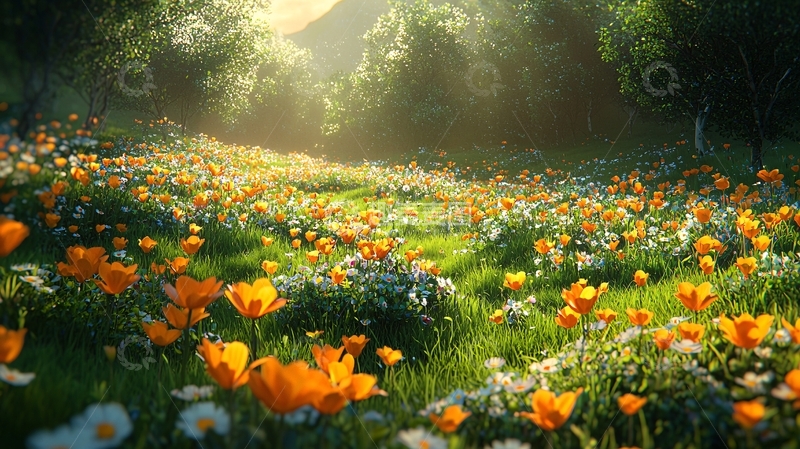 高清大图下载【趣麦麦图】阳光洒进花海