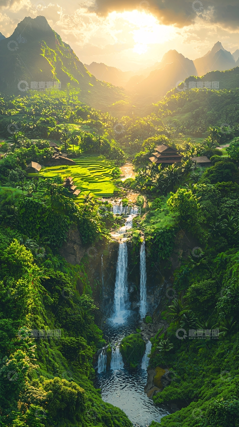 高清大图下载【趣麦麦图】热带雨林瀑布阳光