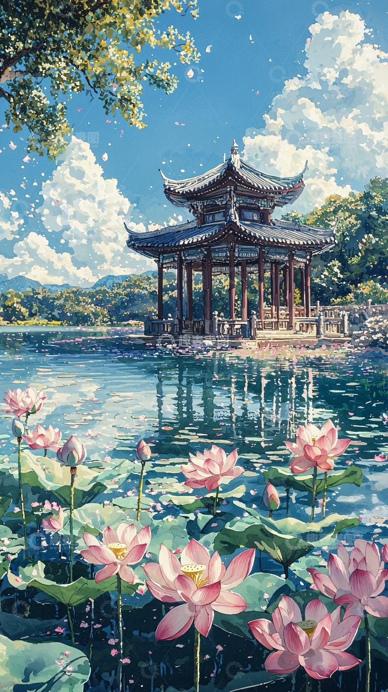 高清大图下载【趣麦麦图】水边亭台楼阁荷花盛开