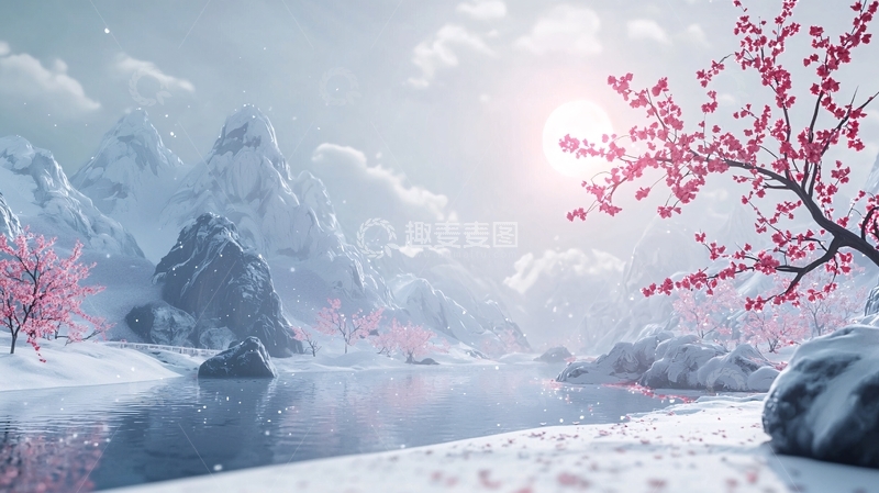 高清大图下载【趣麦麦图】冰雪山川与粉色樱花