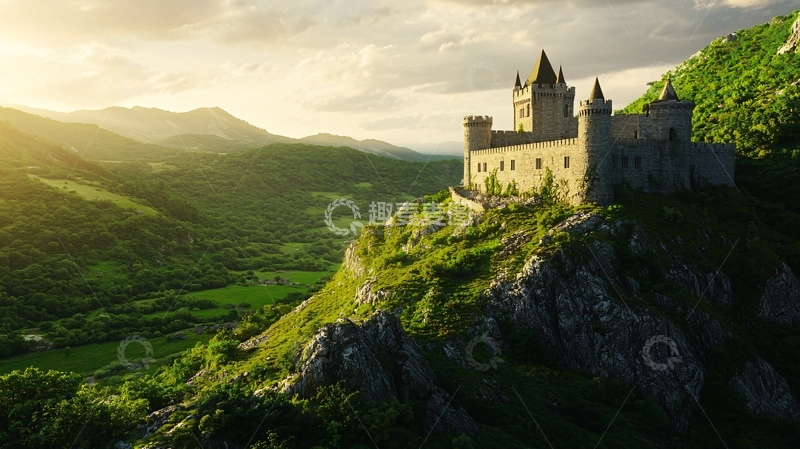 高清大图下载【趣麦麦图】山顶城堡日落景色