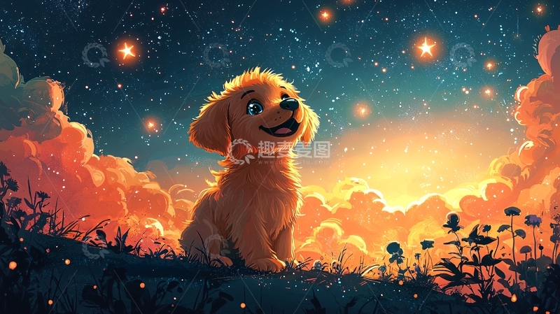 高清大图下载【趣麦麦图】星空下的小金毛