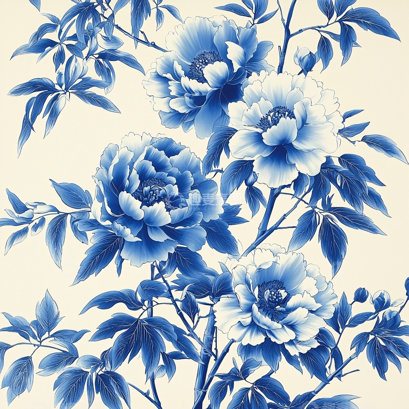 高清大图下载【趣麦麦图】青花瓷牡丹花卉图