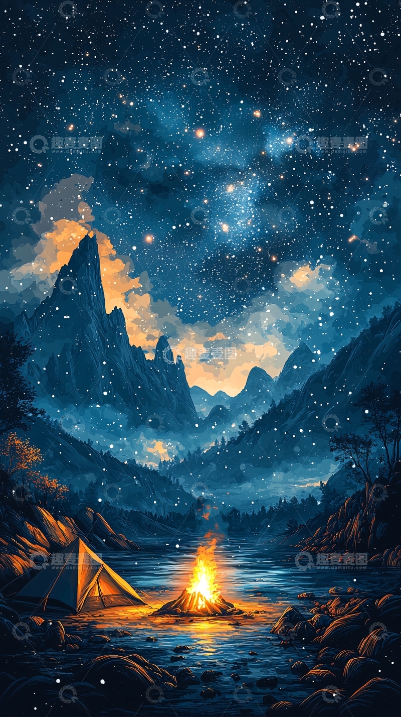 高清大图下载【趣麦麦图】星空下营地篝火
