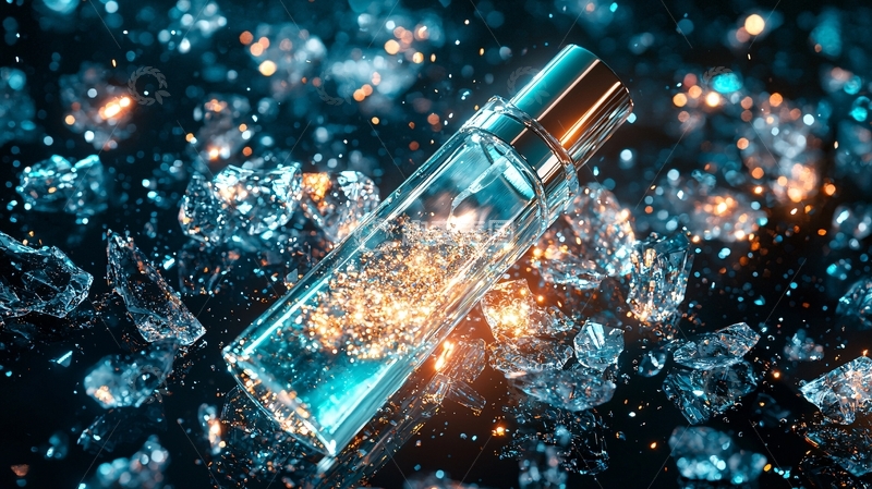 高清大图下载【趣麦麦图】透明香水瓶在冰块中闪耀