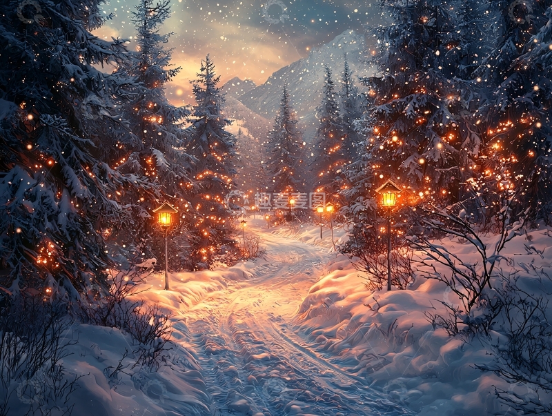 高清大图下载【趣麦麦图】雪地小路灯光