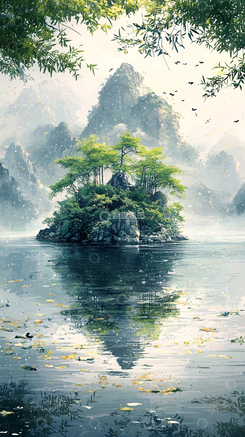 高清大图下载【趣麦麦图】水面倒影的岛屿和山峰