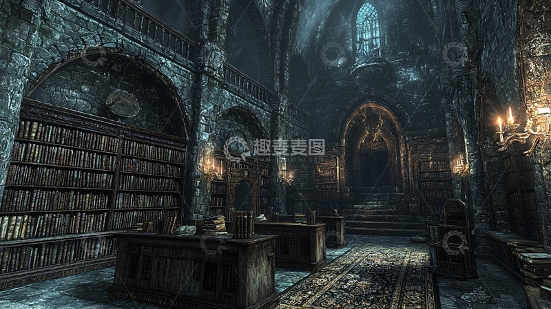 高清大图下载【趣麦麦图】哥特式建筑图书馆场景