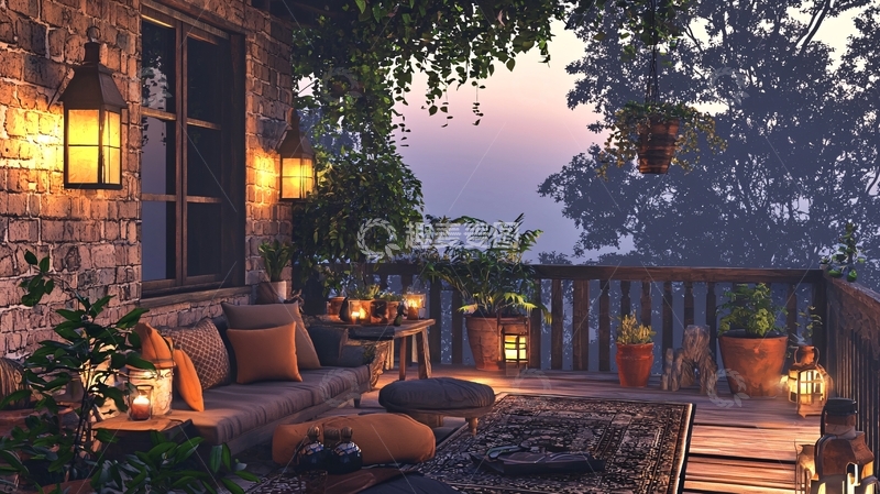高清大图下载【趣麦麦图】傍晚山景阳台休闲场景