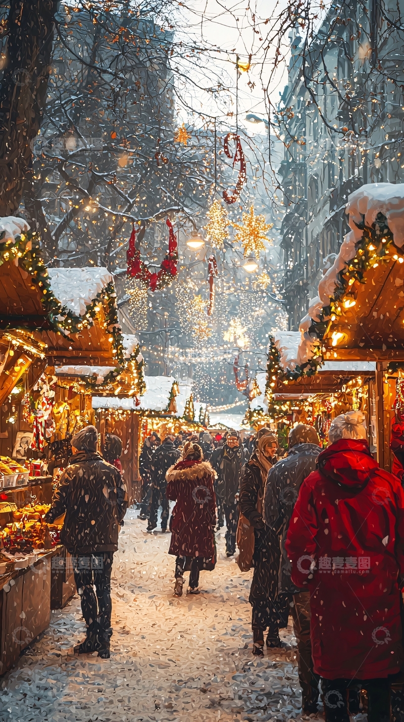 高清大图下载【趣麦麦图】下雪的圣诞集市