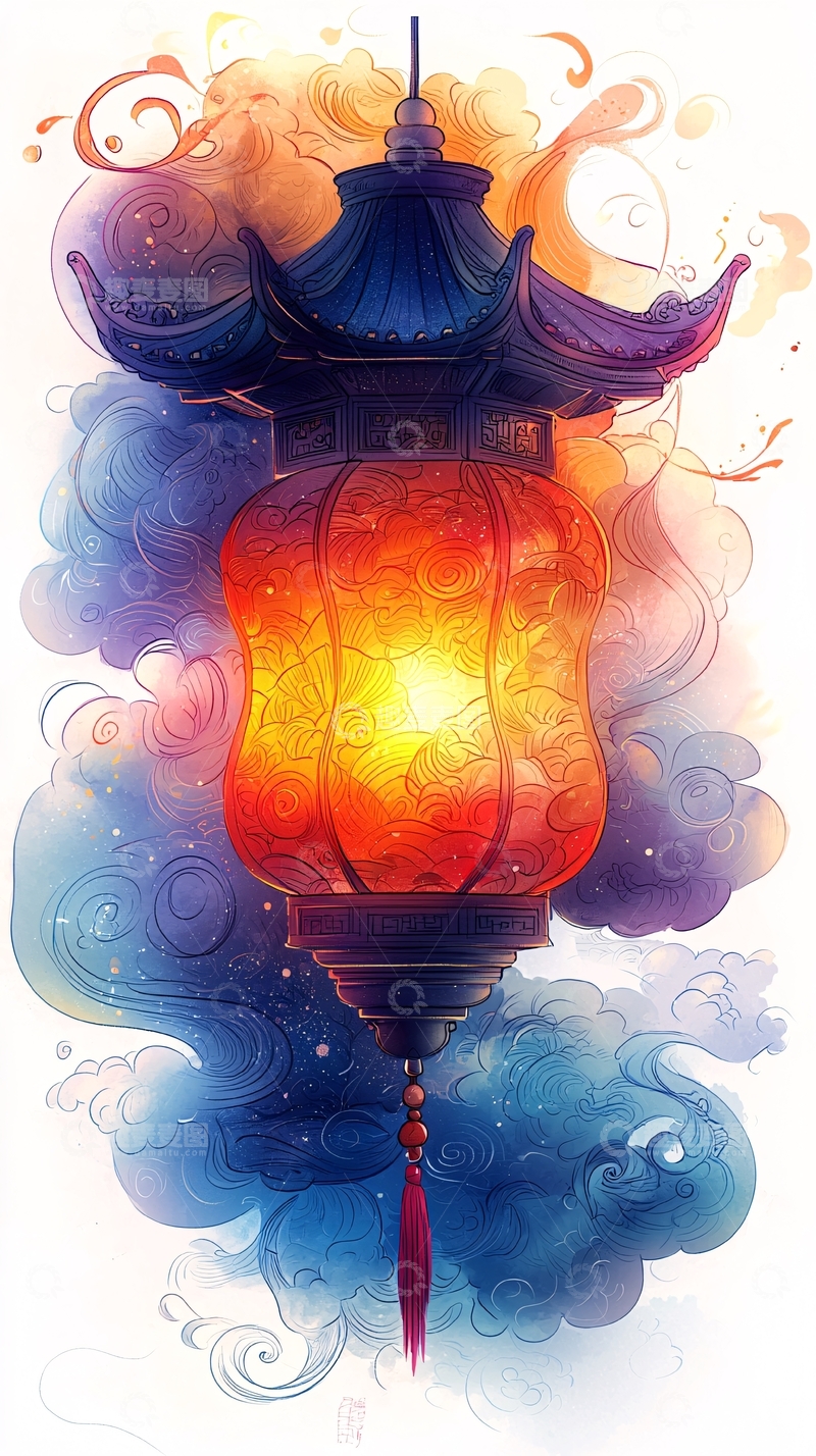 高清大图下载【趣麦麦图】绚丽水彩风的灯笼