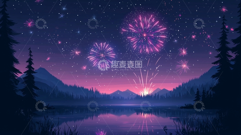 高清大图下载【趣麦麦图】梦幻星空烟火湖景