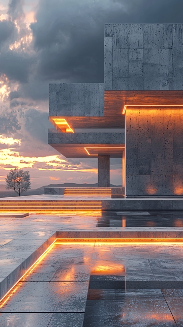 极简风混凝土建筑夜景