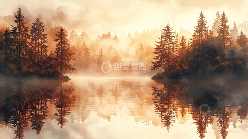 高清大图下载【趣麦麦图】雾气森林湖泊倒影