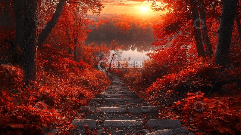 高清大图下载【趣麦麦图】红叶森林阶梯日落