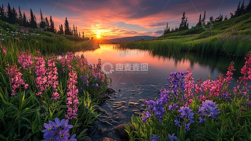 高清大图下载【趣麦麦图】日落山川河流野花