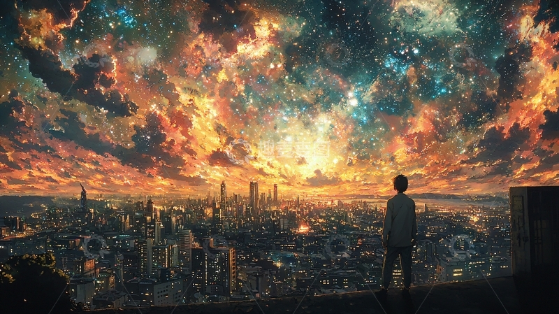 高清大图下载【趣麦麦图】男孩仰望星空下的城市