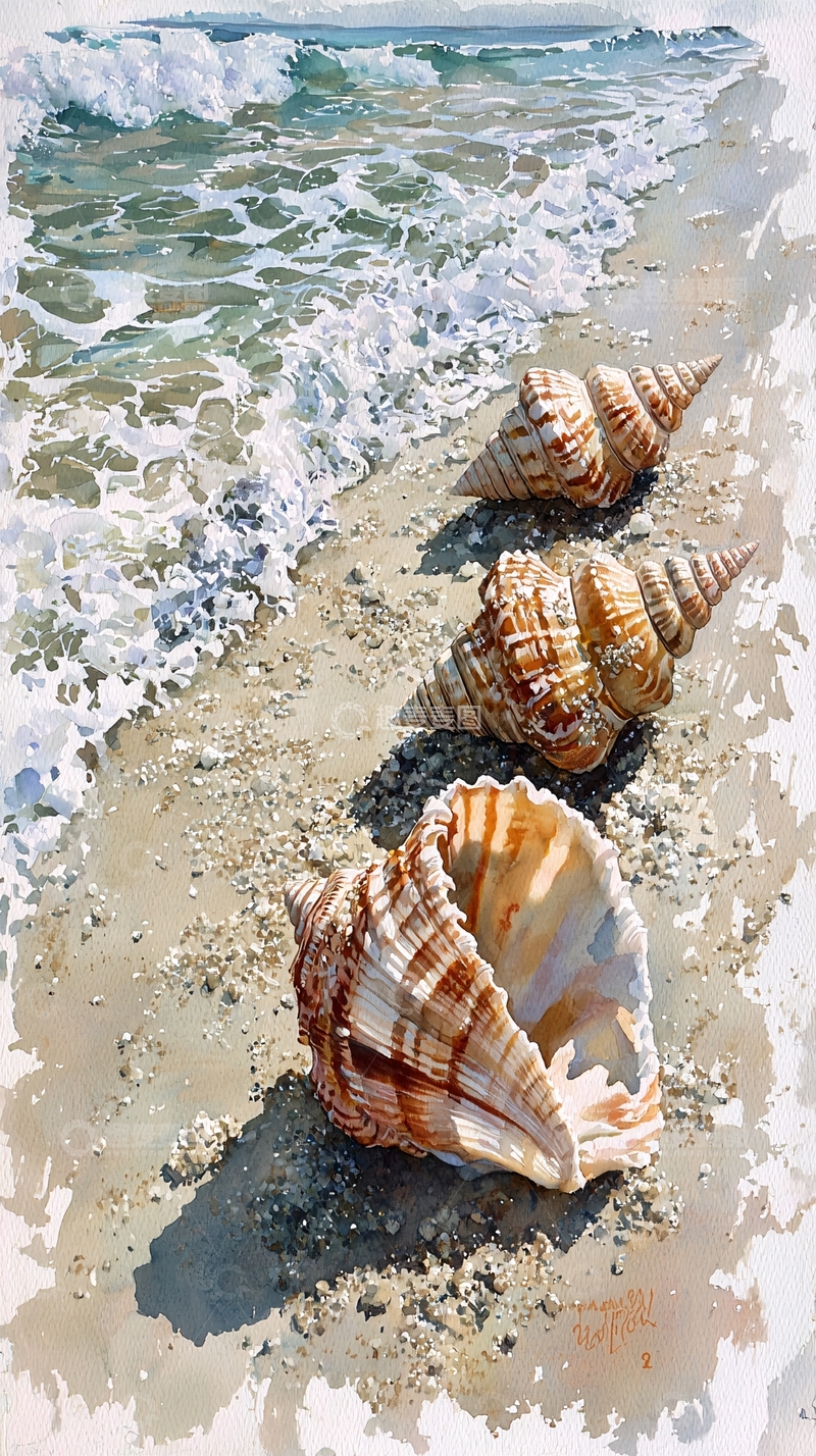 高清大图下载【趣麦麦图】海滩上的三个贝壳
