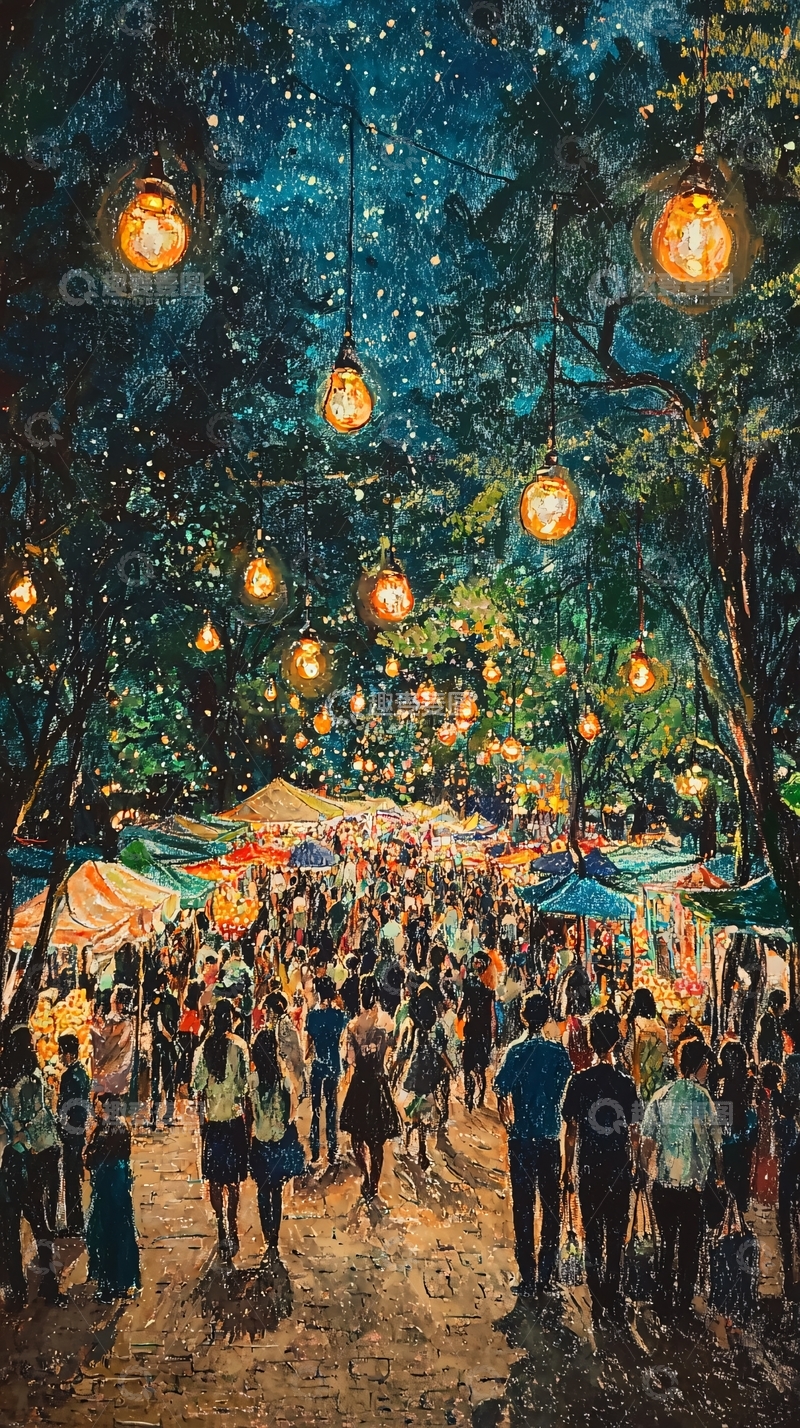 高清大图下载【趣麦麦图】星空下热闹的夜市