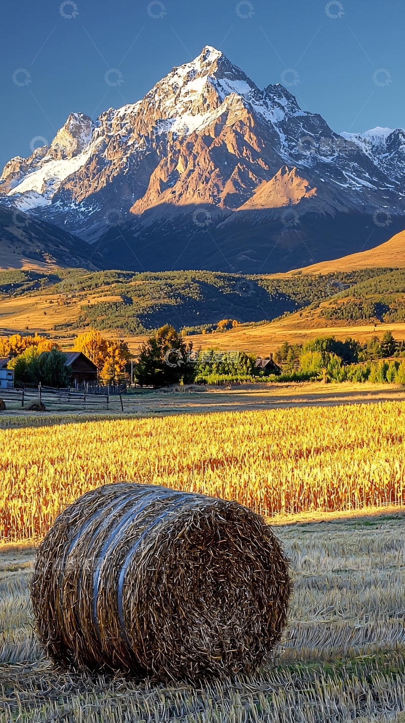 高清大图下载【趣麦麦图】乡村秋日雪山美景