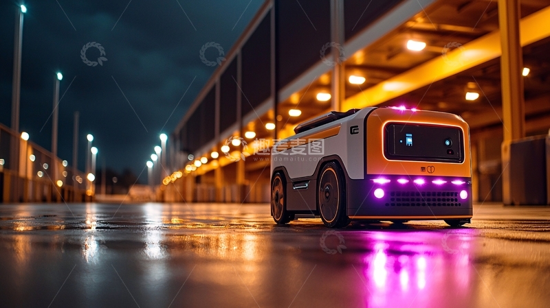 高清大图下载【趣麦麦图】夜晚雨中自动驾驶机器人