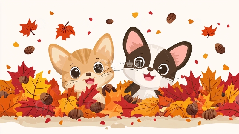 高清大图下载【趣麦麦图】可爱猫咪狗狗秋叶