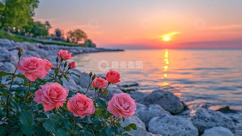 高清大图下载【趣麦麦图】傍晚玫瑰海边日落