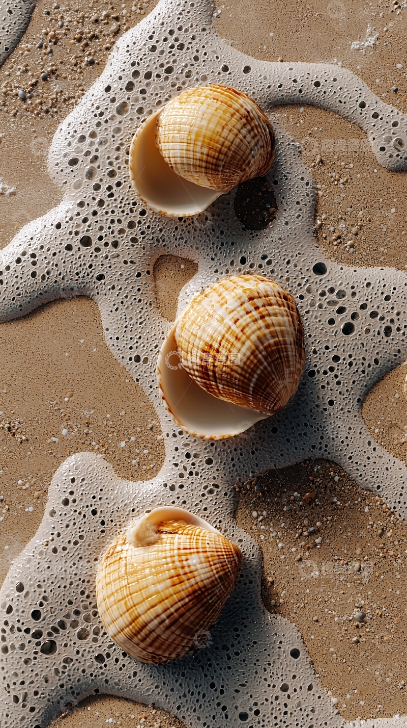 高清大图下载【趣麦麦图】沙滩上的贝壳和泡沫