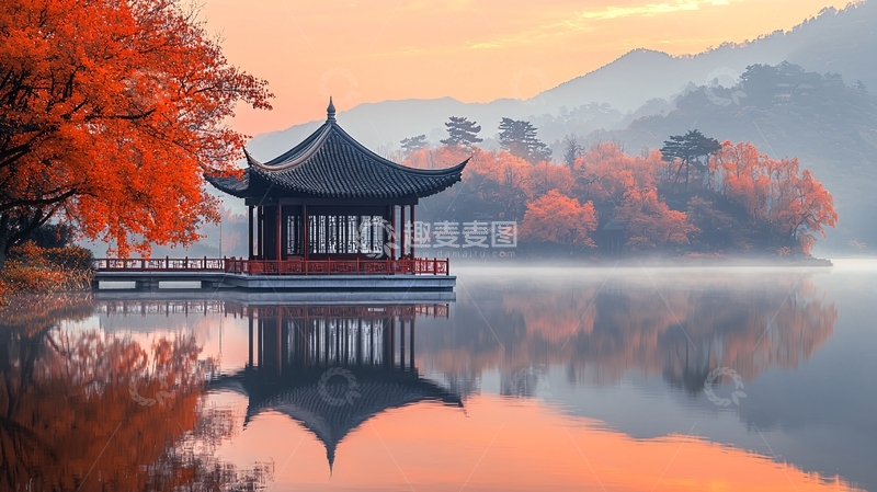 高清大图下载【趣麦麦图】秋季湖边亭子美景